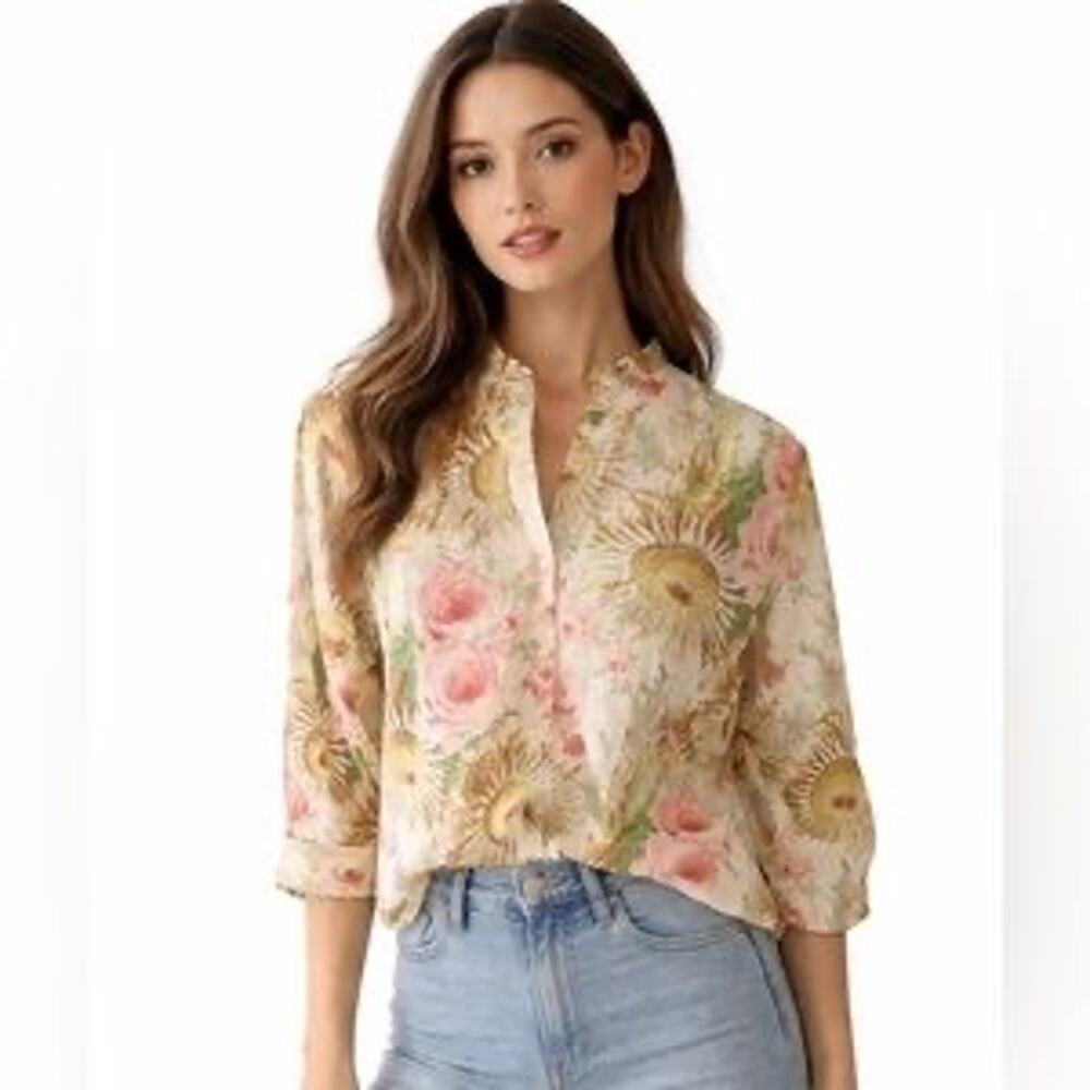 Tuckernuck Sun Faded Floral Pink and Green Sunflower Blouse Size S NWT Classic